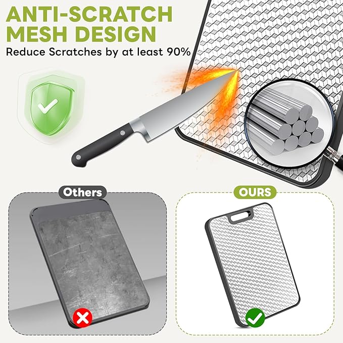 Stainless Steel Cutting Boards, Double Sided Cutting Board for Kitchen, Wheat Straw and Stain Steel Chopping Board for Meat ＆ Veggies, Scratch Resistant Mesh Design, Dishwasher Safe-15.8 * 11 Inch