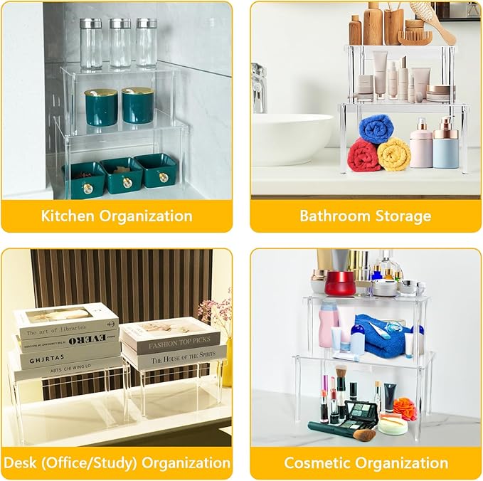 Spice Organization for Cabinet, 2 Pack Stackable Acrylic Shelf Set, Versatile Spice Rack Organizer for Kitchen Pantry, Countertop, Bathroom, Office, Apartment, Ideal for Small Spaces and Gift Giving