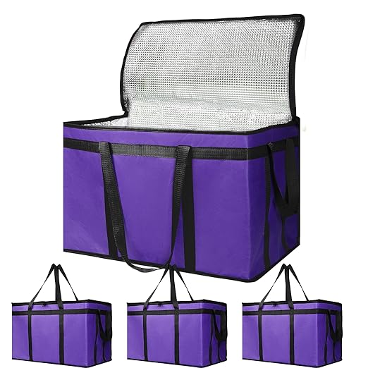 Bodaon 4-Pack Cooler Insulated Food Delivery Bag for Doordash/Uber Eats, XXX-Large Thermal Bags for Catering/Hot Pizza, Travel/Camping/Picnic Basket，Grocery Reusable Warmer Frozen, Purple-Black Edge