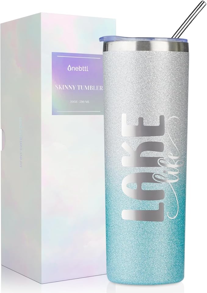 Onebttl Lake House Gifts for Women, 20oz Stainless Steel Insulated Tumbler, Housewarming Gifts for Lake Lovers - Silver Blue, Lake Life