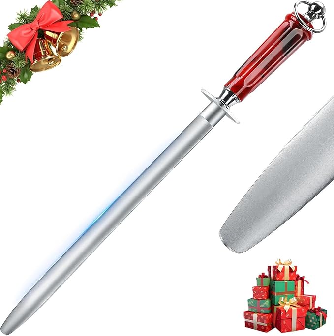 Huusk 10" Knife Sharpener Rod - High Carbon Steel Knife Steel Sharpener, Kitchen Knife Sharpeners with Magnetized Tips, 3200 Grit Sharpening Steel (Flat) Christmas Gift for Men and Women