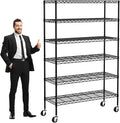 6-Tier Storage Shelves 48" x 18" x 82" Heavy Duty Metal Shelving Unit 2100Lb Capacity Adjustable Storage Racks with Wheels NSF Garage Wire Shelf for Basement Commercial, Black
