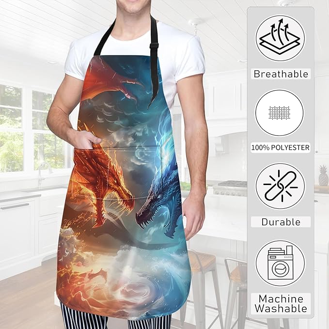 Dragon Apron,Oxford Fabric Adjustable Kitchen Apron with 2 Pockets,Waterproof Cooking Aprons for Men Women Mom Wife Dad,Ideal Gifts for Coffee House,Shop,Baking,BBQ,Housewarming,28x33in