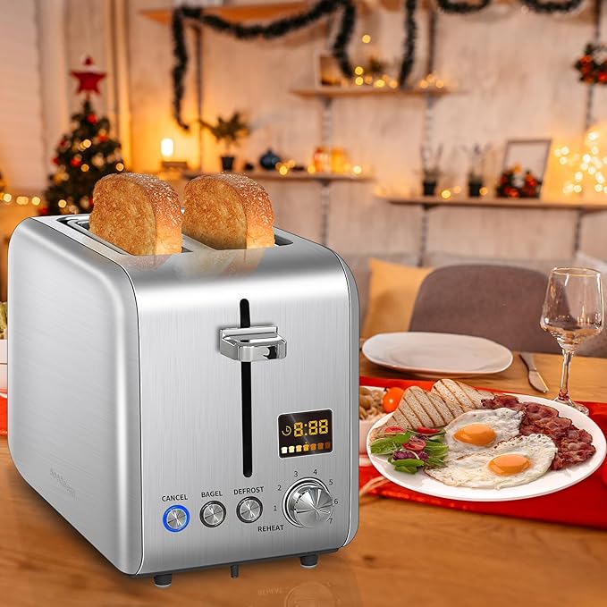SEEDEEM 2 Slice Toaster - Stainless Steel With Color LCD Display, 7 Bread Shade Settings, 1.4'' Wide Slots, Bagel/Defrost/Reheat Functions, Removable Crumb Tray, 900W, Silver Metallic