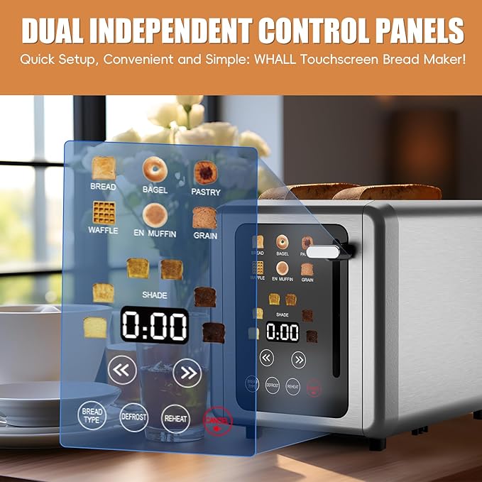 WHALL Touch Screen Toaster 2 Slice, Stainless Steel Digital Timer Toasters with Sound Function, Smart Extra Wide Slots Toaster with Bagel, Cancel, Defrost (silver)