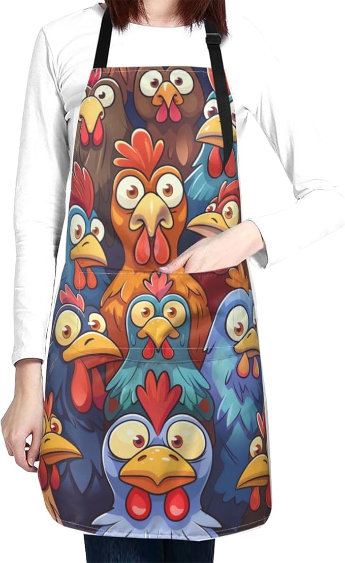 Funny Chicken Cartoon Apron for Men Women, Waterproof Kitchen Cooking Bib with Adjustable Neck and Pocket, Colorful Farm Rooster Theme Chef Apron Gifts for BBQ, Baking, Gardening, and Home Decor