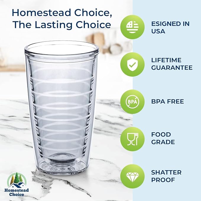 Homestead Choice 16oz Insulated Tumblers Plastic Keeps Drinks Cold & Hot, 4pack Double Walled Clear Insulated Drinking Glasses Cup, BPA-Free, Dishwasher Safe Reusable, Camping, Travel, Kitchen, Party