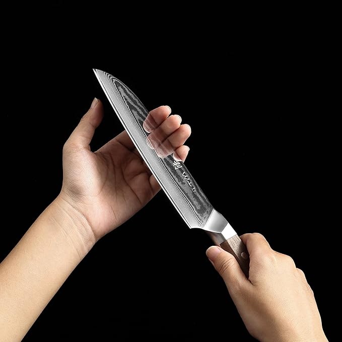 Wakoli HIK Damascus Santoku Knife – Full Tang Multipurpose Kitchen Knife | 7-Inch Blade Made of 67-Layer Damascus Steel with VG10 Core | Walnut Wood Handle | Sharp, Durable, Gift Box Included