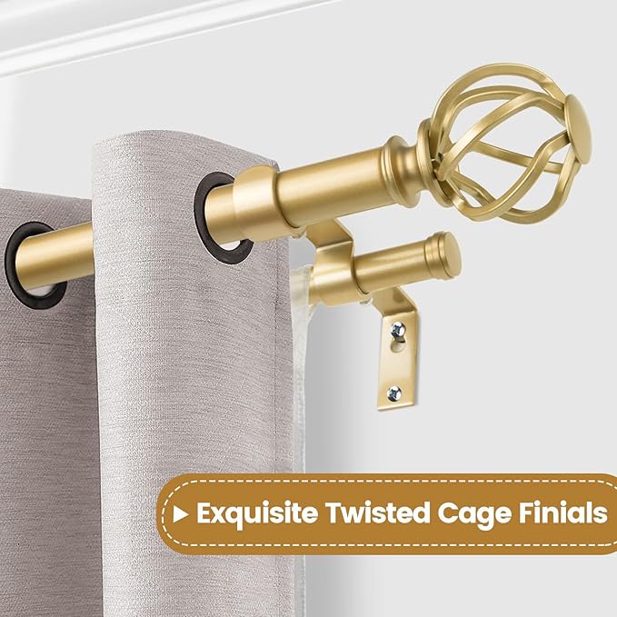 KAMANINA 1 Inch Double Curtain Rod 72 to 144 Inches (6-12 Feet), Gold Curtain Rods for Windows 66 to 120, Heavy Duty Telescoping Drapery Rod with Twisted Cage Finials