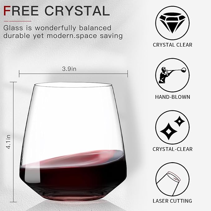 Stemless Wine Glasses Set of 6-15oz【Hand-Blown】 Durable Red White Wine Glasses,Unique Crystal Gifts for Him/Her for Wedding, Birthday，Engagement,Christmas
