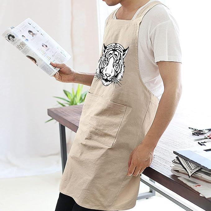 Cotton Linen Apron Non-tie Cross Back Kitchen Apron with Pockets Soft Comfortable Durable for Cooking Baking Gardening (Khaki)