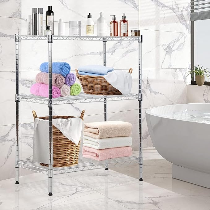 3 Tier Shelf Adjustable Wire Shelving Unit Metal Shelves with Leveling Feet Storage Rack for Kitchen Bathroom Utility Shelf Space Saving, 450lbs Capacity, 13"x23"x30"H, Chrome