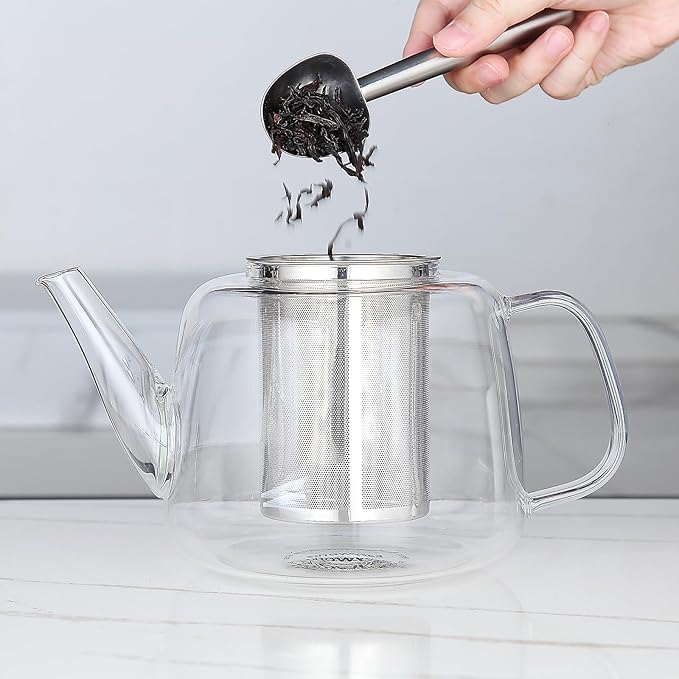Easyworkz Borosilicate Glass Teapot 50oz with Large Stainless Steel Removable Loose Tea Infuser for Fruit Herbal and Infusion