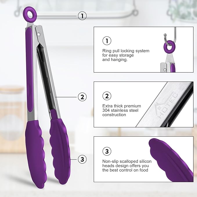 HOTEC Premium Stainless Steel Locking Kitchen Tongs with Silicon Tips, Set of 2-9" and 12" (Purple)