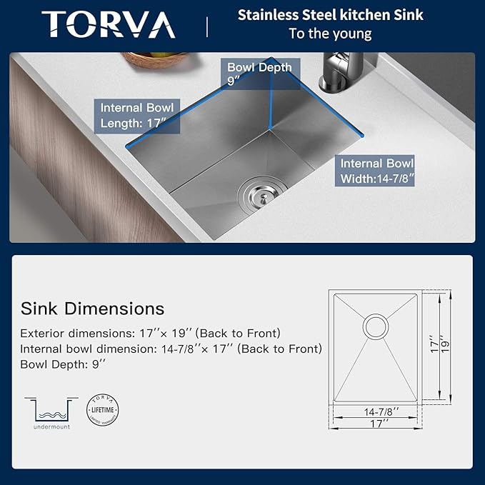 TORVA 17 x 19 Inch Undermount Kitchen Sink, Premium 304 Stainless Steel Bar Sink - 9 Inches Deep Basin Single Bowl Sink