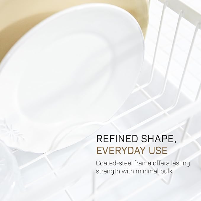 Yamazaki Home Dish Drying Rack – Modern White Dish Rack for Kitchen Counter with Removable Drainer Tray and Cutlery Holder, Steel + Wood Dish Drying Organizer, Small Space-Saving Design