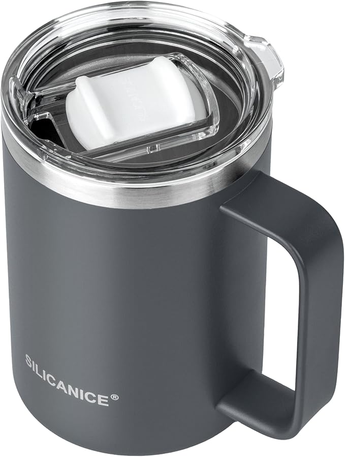 14/24oz Insulated Coffee Mug Cup With Handle, 304 Stainless Steel Vacuum Insulation, Tritan Detachable Slider Lid, BPA Free, Dishwasher Safe - Office & Home - Gray