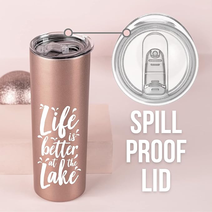 Onebttl Lake House Gifts for Women, 20oz Stainless Steel Insulated Tumbler, Housewarming Gifts for Lake Lovers - Rose Gold, Life is Better at the Lake 01