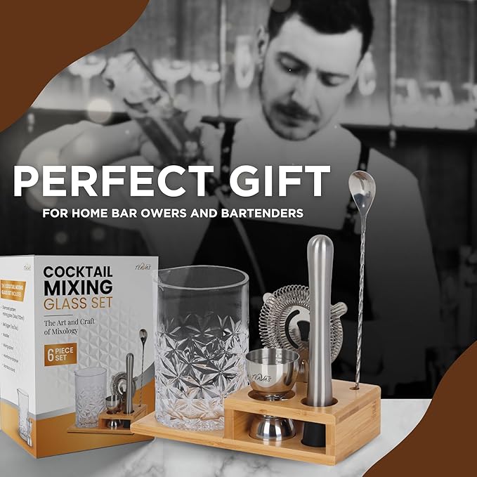 Cocktail 24oz Mixing Glass Set with Jigger, Muddler, Spoon, Hawthorne Strainer & Bamboo Stand - Mixology Pitcher for Stirrer Cocktails - Birthday Gifts for Friends & Family