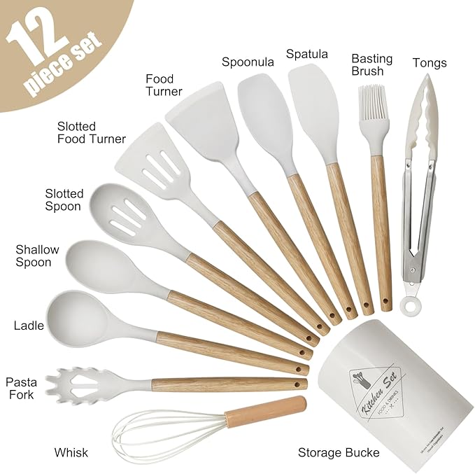 Kitchen Utensils Set of 12, Silicone Cooking Utensils with Non-Slip Wooden Handle and Organizer Bucket, 446°F Heat Resistant Cookware Utensils Set (Cream White)