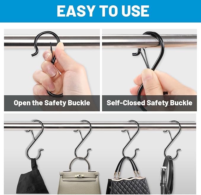 35 Pcs S Hooks for Hanging Safety Buckle, 3.5 Inch Stainless Steel S Shaped Locking Hooks for Colleague Dorm, Kitchen, Plants Pots Towels Bags, Black