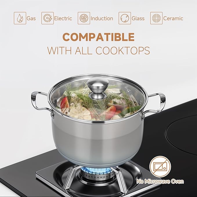 Ohtomber 8 Quart Stock Pot - Stainless Steel Large Cooking Induction Pot with Lid for Pasta, Soup, Spaghetti, Nonstick Thick Base Deep Stockpot, Kitchen Cookware for Stew, Simmer, Boiling, Canning