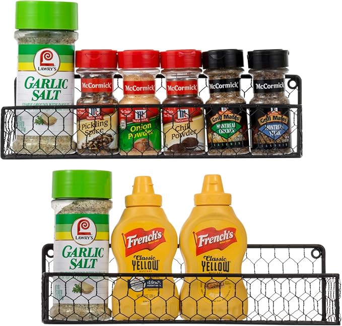 MyGift 2 Pcs Spice Rack Wall Mount, Small Seasoning Shelf Organizer, 12-Inch Chicken Hanging Kitchen Condiment Storage Display, Black Wire