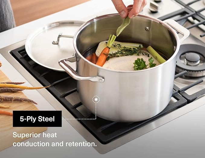 Misen 5-Ply Stainless Steel Stockpot – Large Cooking Pot for Boiling, Simmering & Stewing - Consistent, Even Heating - Durable, Dishwasher Safe – Oven-Safe to 800F, Induction Ready - 8 QT