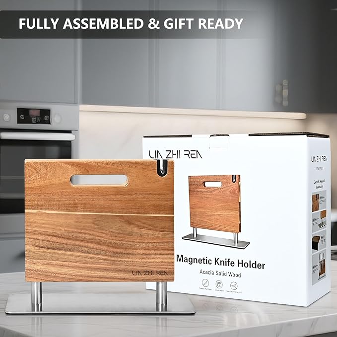 Magnetic Knife Block, Thickened Acacia Knife Holder, Strong Magnetic Suction Cup with Knife Sharpener, Double-Sided Kitchen Knife Storage Rack for Kitchen Countertops