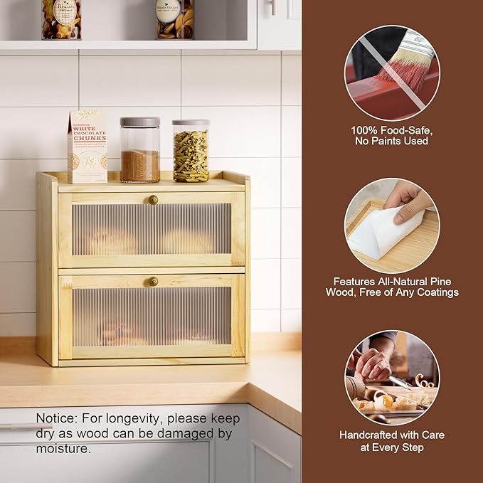 Bread Box for Kitchen Countertop Wooden Bread Storage Container Bin 2 Layer Corner Breadbox Large Capacity, Vintage Farmhouse Food Organizer Pantry Shelf with Window Natural Pine Wood