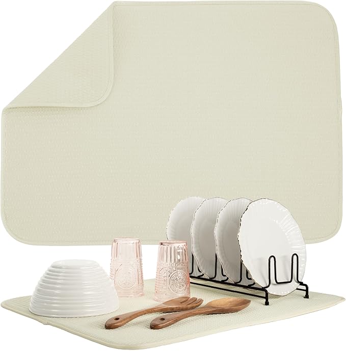S&T INC. Dish Drying Mat XL, 18” x 24”, Absorbent Microfiber Kitchen Counter Mat, Drying Pad for Dishes, Utensils, Pots and Pans, Extra Large, Diamond Texture, Cream