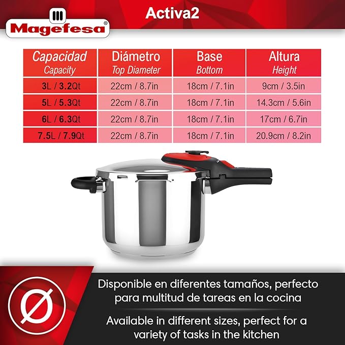 Magefesa Activa2 8-Quart Stainless Steel Pressure Cooker – 2 Cooking Programs, Works on All Stovetops, Red Handle