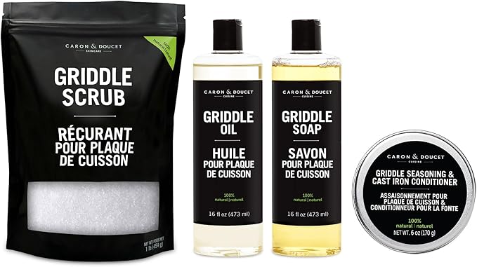 CARON & DOUCET – Ultimate Griddle Set | Seasoning, Oil, Soap & Salt Scrub | 100% Plant-Based & Best to Season, Clean, Care, Restore, Maintain & Protect