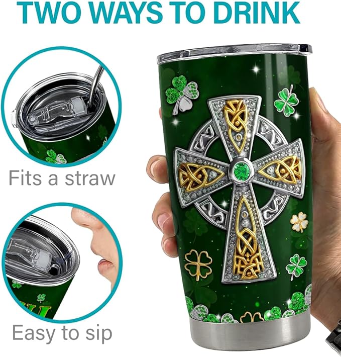 SANDJEST Irish Tumbler 20oz Celtic Cross Stainless Steel Tumbler with Lid Gift for Women Birthday Christmas