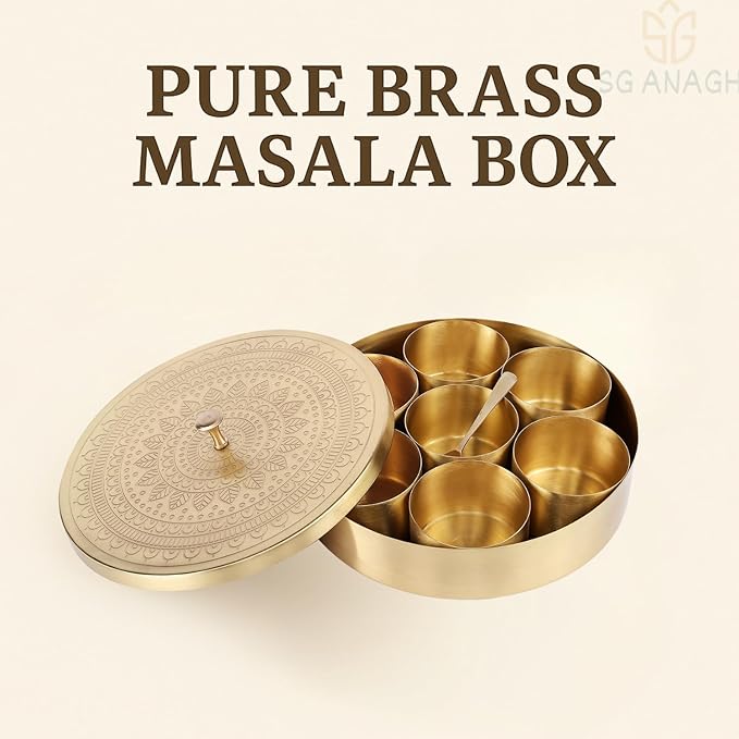 Brass Round Spice Box Masala Dabba-Spice Box Set With Spoon Container 90 ML Indian Masaladanni for Kitchen Counter 8 Inch With Spoon (Mandala,8 Inch)