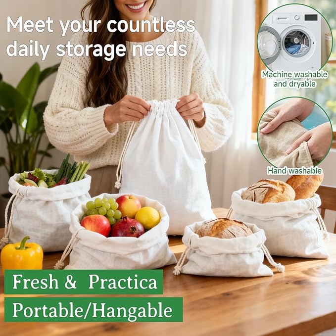 Simple&Opulence 6-Pack 14” x 17” Linen Cotton Drawstring Bags Reusable Grocery Sacks, DIY Craft Sachet Sacks Storage Cloth Bags for Party Wedding Home Bulk Produce Bags, Washable, White
