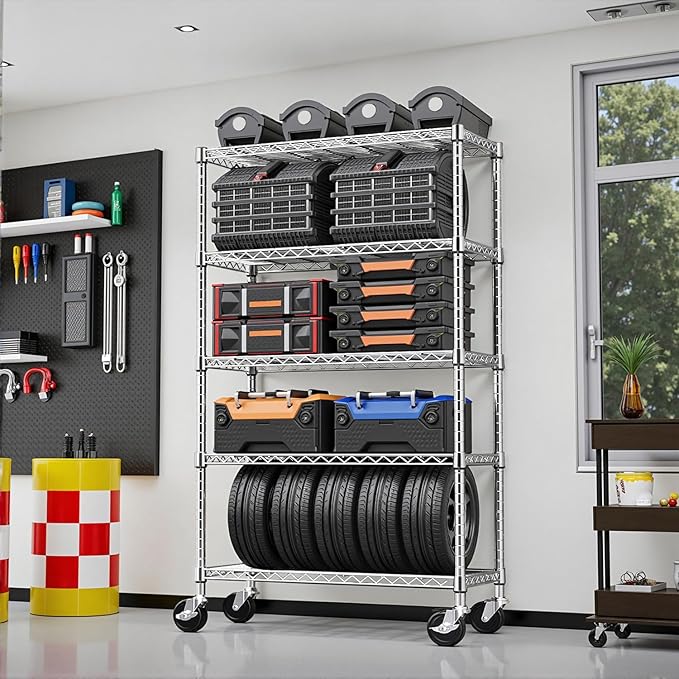 5-Tier 2200LBS Storage Shelves,Adjustable Wire Shelving for Pantry Organizers and Storage Heavy Duty Garage Shelving for Kitchen, Basement,Warehouse(Chrome,17,7Dx 47.2" W x 76.7" H)