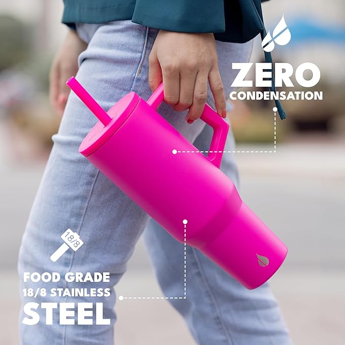 Elemental 40 oz Tumbler with Handle and Straw - Spill Proof Insulated Stainless Steel Commuter for Hot and Cold Beverages - Travel Coffee Mug with 2 Straws & Spill Proof Lid - 40oz - Hot Pink