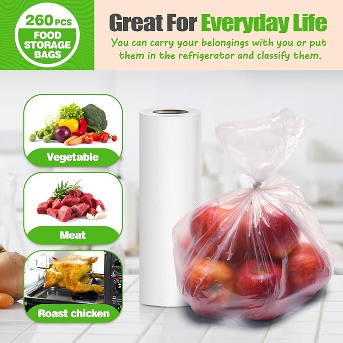 Teivio 260 Count 14" x 18" Plastic Produce Bags on A Roll, Clear Kitchen Disposable Plastic Storage Bags for Bread Fruit Vegetable