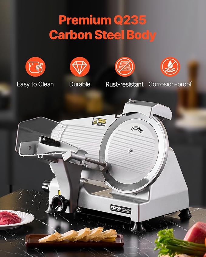 VEVOR Commercial Meat Slicer, 10 inch Electric Deli Food Slicer, 180W Cutter with a Premium 65Mn Blade, 0-0.4 inch Adjustable Thickness, Food Slicer Machine for Meat Vegetables Hard Bread Cheese
