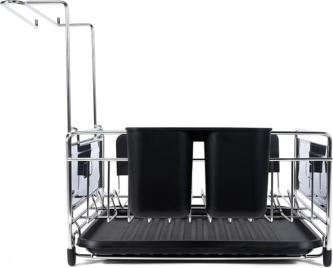 happimess DSH1000A Compact 17.25' Fingerprint-Proof Stainless Steel Dish Drying Rack, Dish Rack with Wine Glass Holder, Utensil Holder, Stainless Steel/Black, Silver/Black