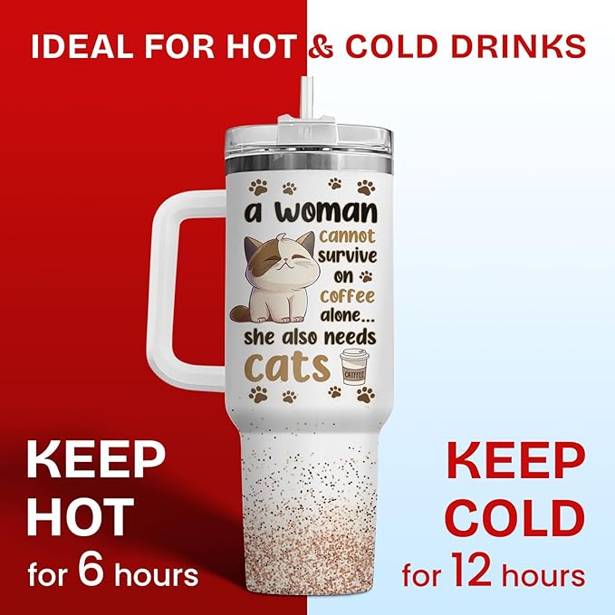 34HD Cat Lady Tumbler with Lid & Straw, 40oz Stainless Steel Vacuum Insulated Coffee Mug with Cats, Cute Kitty Gifts for Her Women, Cat Mom Gifts for Birthday Mothers Day Christmas