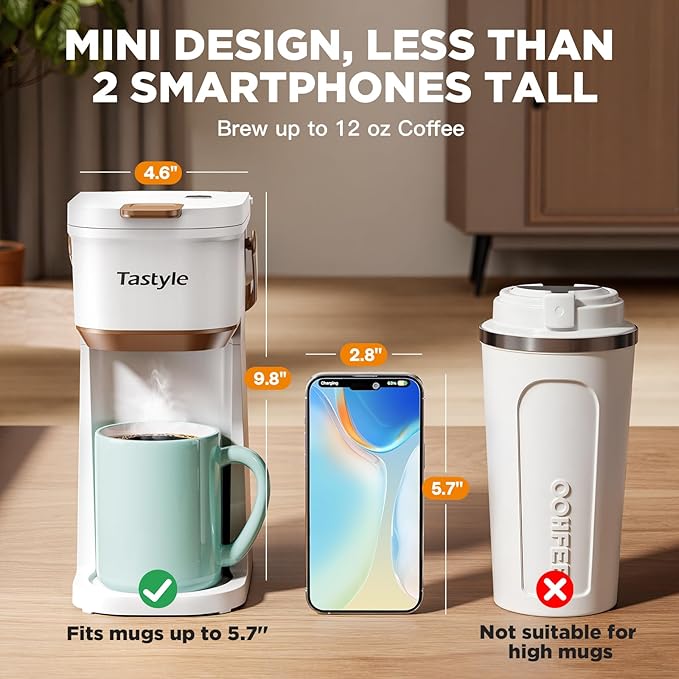 Single Serve One Cup Coffee Maker, for K Cups and Grounds, Mini Coffee Maker with Portable Handle, 6 to 12 Oz Brew Size, for Travel, Camping, Office, RV and Dorm, 120V, White and Brown