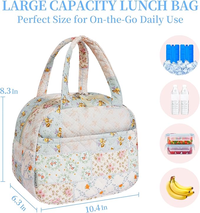 Quilted Lunch Box for Women,Cute Coloful Patchwork Lunch Bags for Work, School,Office,Picnic,Travel (coloful floral)