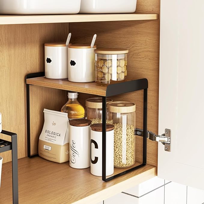 Mitus Shelf Organizer and Storage, Tiered Wood Cabinet Rack for The Kitchen Counter, Bathroom Counter, Pantry Cupboard, Office Desk Bookshelf, 16" Wide Natural and Black