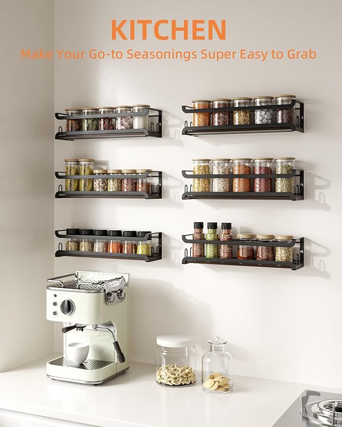 Doakhirmit Wall Mounted Spice Rack with 16 Hooks, Rustic Wood Spice Organizer Shelf for Stove Cabinet Pantry Door,Screw or Adhesive Hanging Spice Shelf,Wall Spice Rack in Kitchen and RV,4 Pack