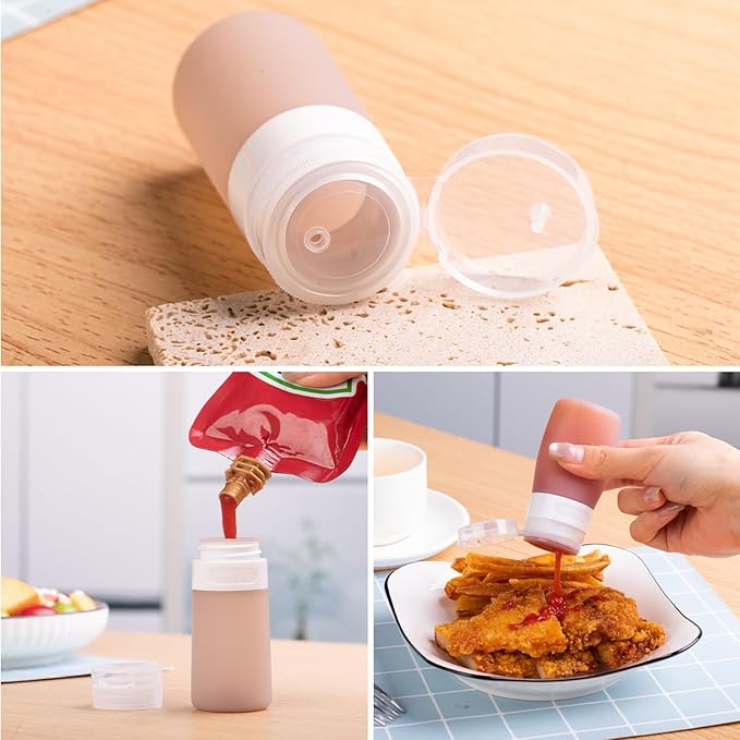 8-Pack Salad Dressing Container To Go, 2-oz Silicone Small Condiment Squeeze Bottles and 1.6 oz Stainless Steel Sauce Containers Cups, Leakproof Condiment Containers with Lids for Lunch Box