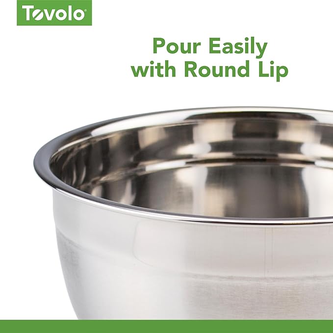 Tovolo Stainless Steel Mixing Bowls, 5.5 Qt - Metal Nesting Mixing Bowl with Rounded Lip for Easy Pour & Minimal Mess - Large & Small Dishwasher Safe Kitchen Supplies for Prep & Cooking