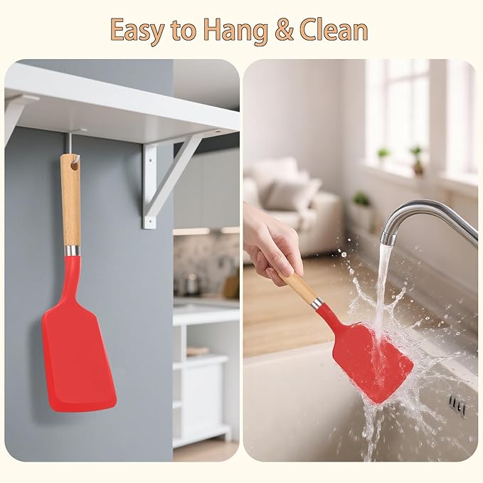 Silicone Spatula Turner, Heat Resistant Pancake Flipper Spatulas for Nonstick Cookware, Cooking Utensils with Wood Handle for Serving, Baking, Frying, Egg, Fish and Burger (1, Red)