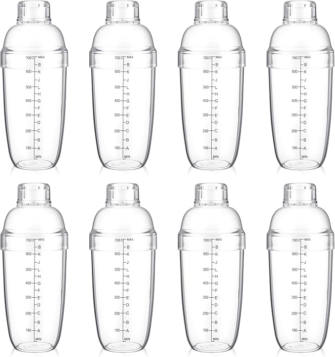 8 Pcs Plastic Cocktail Shaker Drink Mixer with Scales and Strainer Top Clear Shaker Cup with Measurement Plastic Bar Mixing Tool for Tea Coffee Bubble Tea Milk